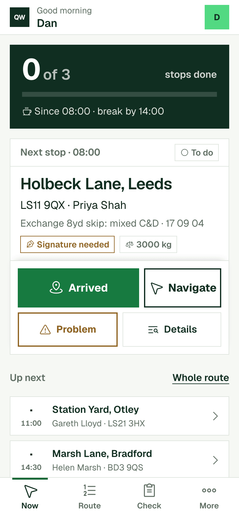 QWTN driver app on a phone: next stop Holbeck Lane, Leeds, exchange 8 yard skip, signature needed