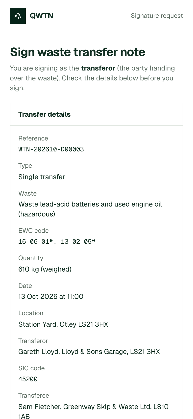 The signing page a producer opens from a link: the transfer details to check before signing